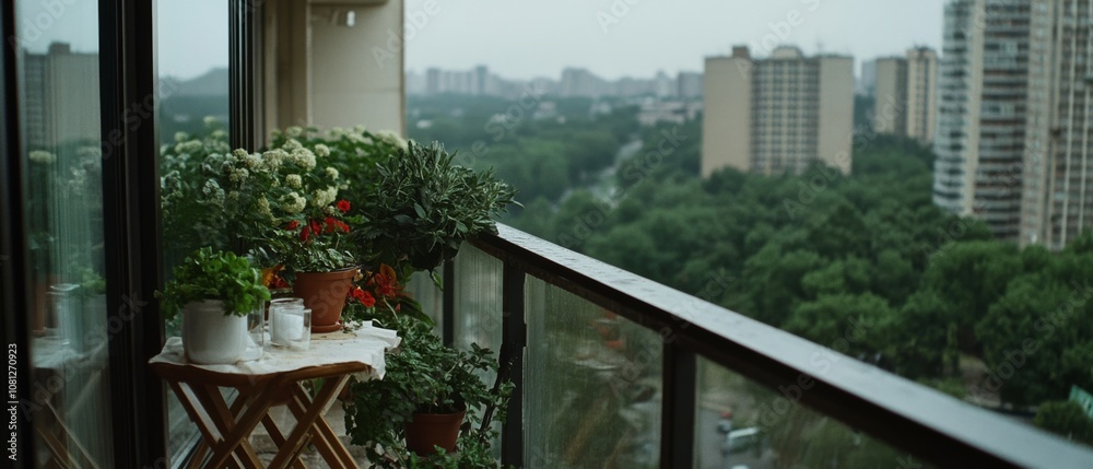 A lush apartment balcony adorned with vibrant flowers overlooks the cityscape of tall buildings and abundant greenery, merging urban life with nature. A lush apartment balcony adorned with vibrant flowers overlooks the cityscape of tall buildings and abundant greenery, merging urban life with nature.