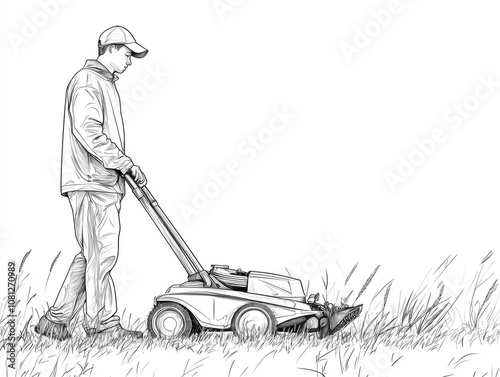 Gardener pushing lawn mower on wheels cutting grass in outline style photo