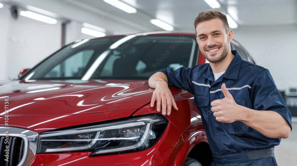 A man in a blue uniform is standing next to a shiny red car and giving it a thumbs up. He seems to be a mechanic or a car enthusiast, and he is proud of the car's appearance A man in a blue uniform is standing next to a shiny red car and giving it a thumbs up. He seems to be a mechanic or a car enthusiast, and he is proud of the car's appearance