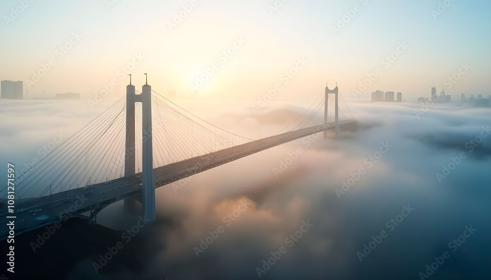 Obraz premium A stunningly modern bridge connecting two cities, surrounded by a mysterious morning fog, creating a dramatic and tranquil scene.