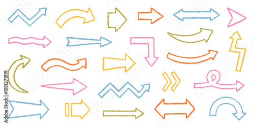 Chalk pencil arrows doodle set. Charcoal childish scribble direction pointers in sketch style. Crayon and Grunge texture. Hand drawn vector illustration isolated on white background