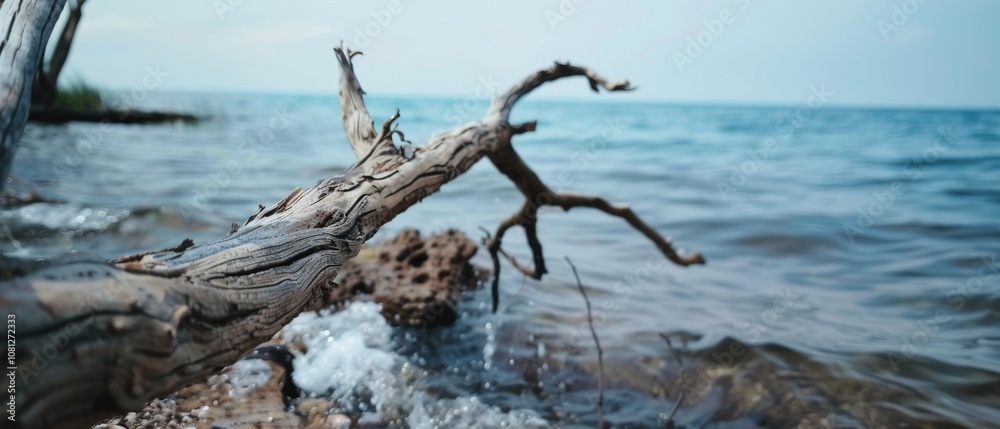 A branch reaches into the restless waves of a vast, blue lake, capturing the tranquil yet dynamic relationship between wood and water. A branch reaches into the restless waves of a vast, blue lake, capturing the tranquil yet dynamic relationship between wood and water.