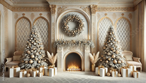 Wallpaper Mural Luxurious Christmas Room with Frosted Trees and Elegant Fireplace Decor Torontodigital.ca