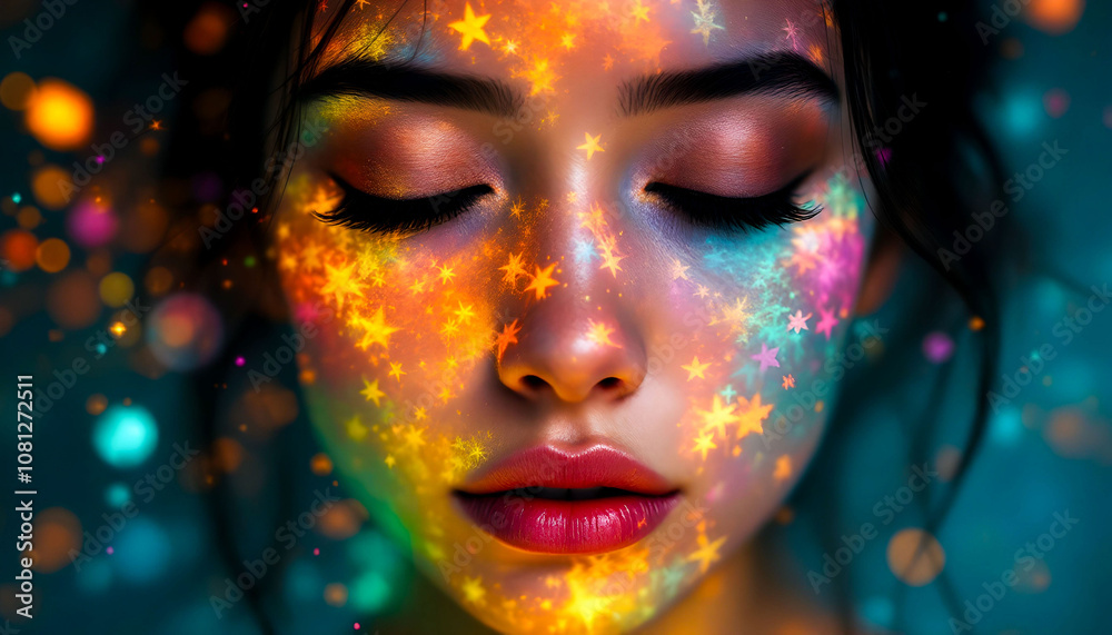 A person with closed eyes, their soul expressed through vibrant, abstract forms surrounding them, capturing emotions and inner depth in a colorful, artistic way. A person with closed eyes, their soul expressed through vibrant, abstract forms surrounding them, capturing emotions and inner depth in a colorful, artistic way.