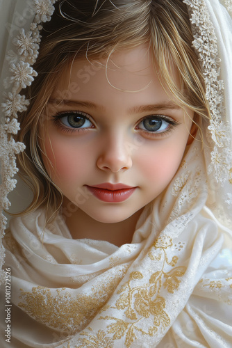 A painting of a little girl wearing a white veil photo