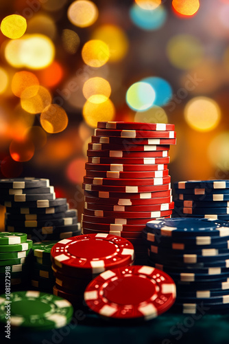 A pile of poker chips sitting on top of a table photo