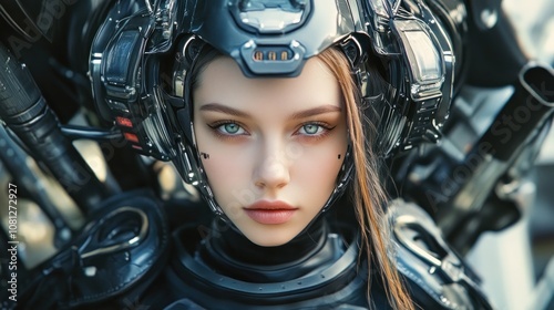 A futuristic female figure in a high-tech robotic suit, showcasing advanced technology.