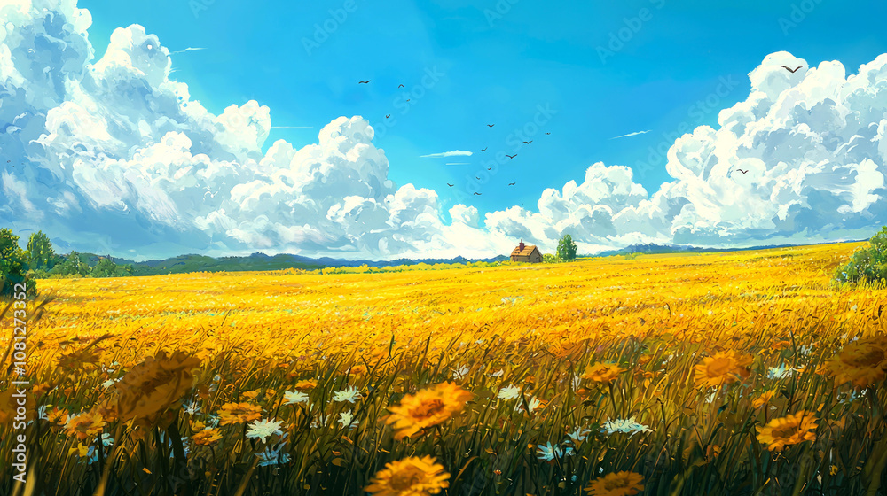 Obraz premium A picturesque field of golden wildflowers with a small farmhouse in the distance under a blue sky with fluffy clouds.