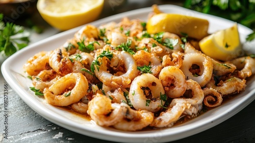 A plate of fried calamari garnished with parsley and lemon slices.