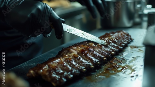 A gloved hand uses a knife to separate a rack of ribs on a metal surface. photo