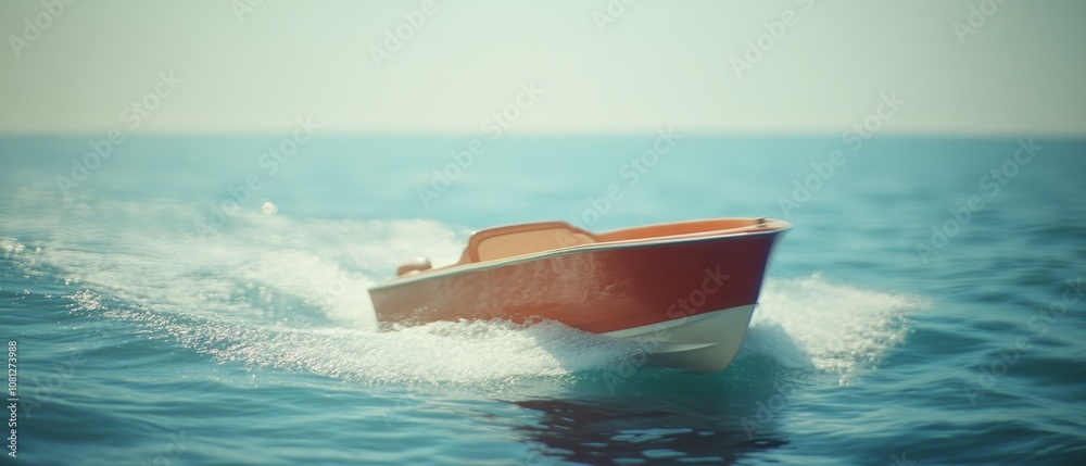 A sleek red boat cuts swiftly through the calm blue water, leaving a trail of gentle waves under a clear, sunny sky. A sleek red boat cuts swiftly through the calm blue water, leaving a trail of gentle waves under a clear, sunny sky.