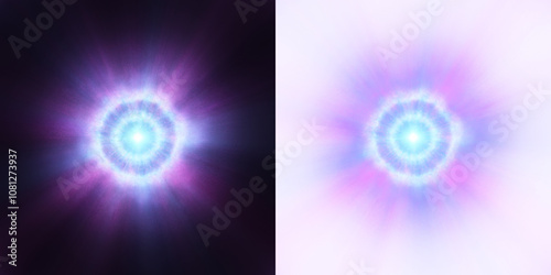 A radiant blue and purple energy burst with soft light rays, emanating from a central point on a dark background, accompanied by a transparent alpha version for versatile use