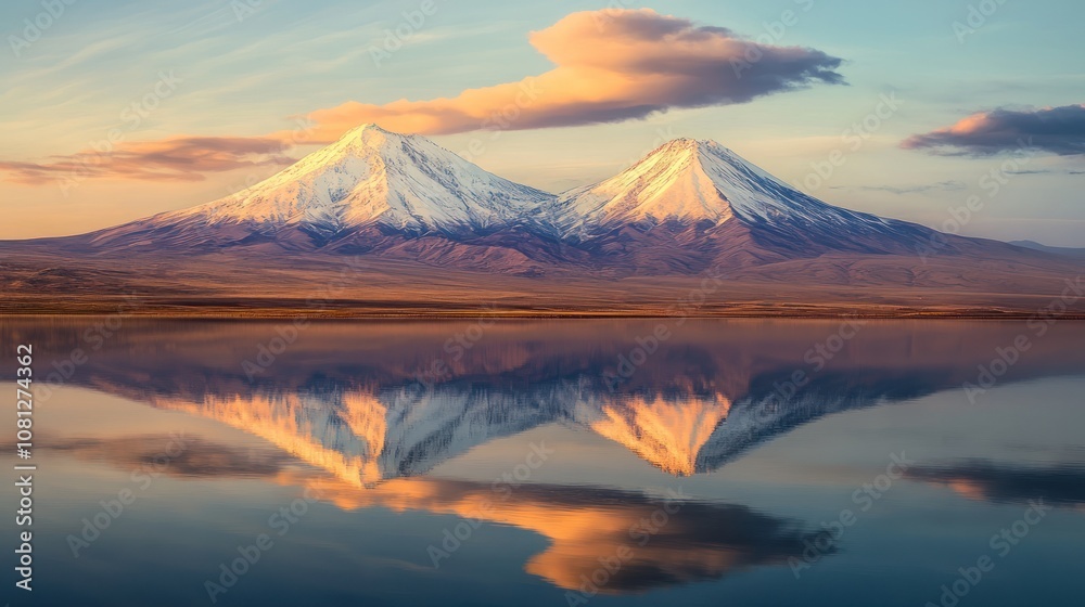 Fototapeta premium photograph of the twin snow-capped mountains reflecting in the lake with desert landscape in the background