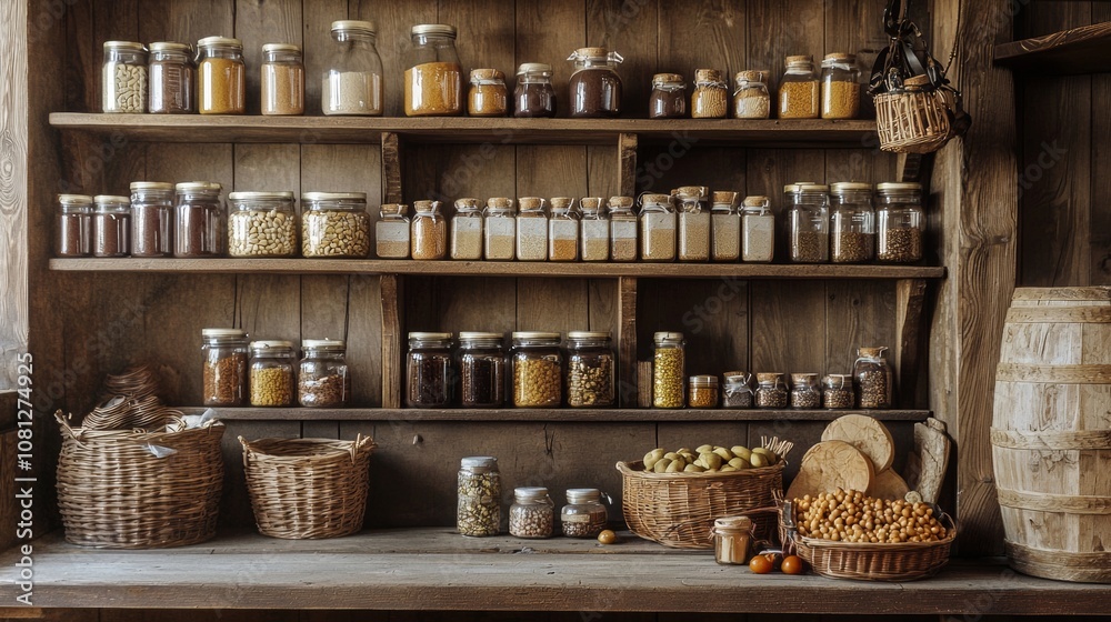 Rustic pantry shelves with various jars of grains and spices Rustic pantry shelves with various jars of grains and spices