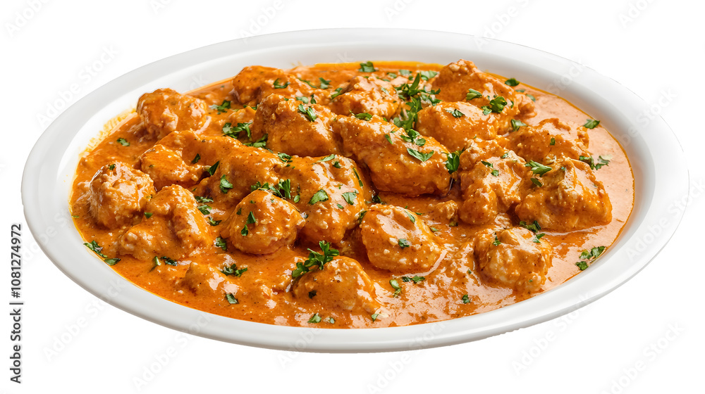 White plate of butter chicken on a transparent background. isolated background.