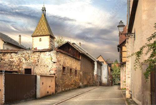 Backstreet of the village of Ribeauville on the Alsace wine route photo