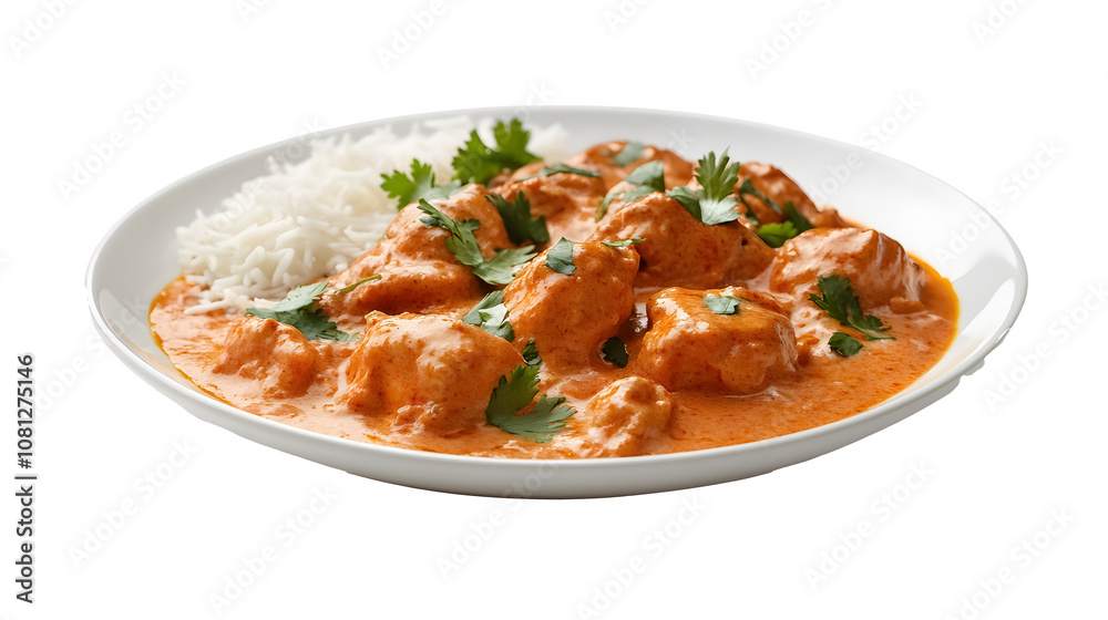 White plate of butter chicken on a transparent background. isolated background. White plate of butter chicken on a transparent background. isolated background.