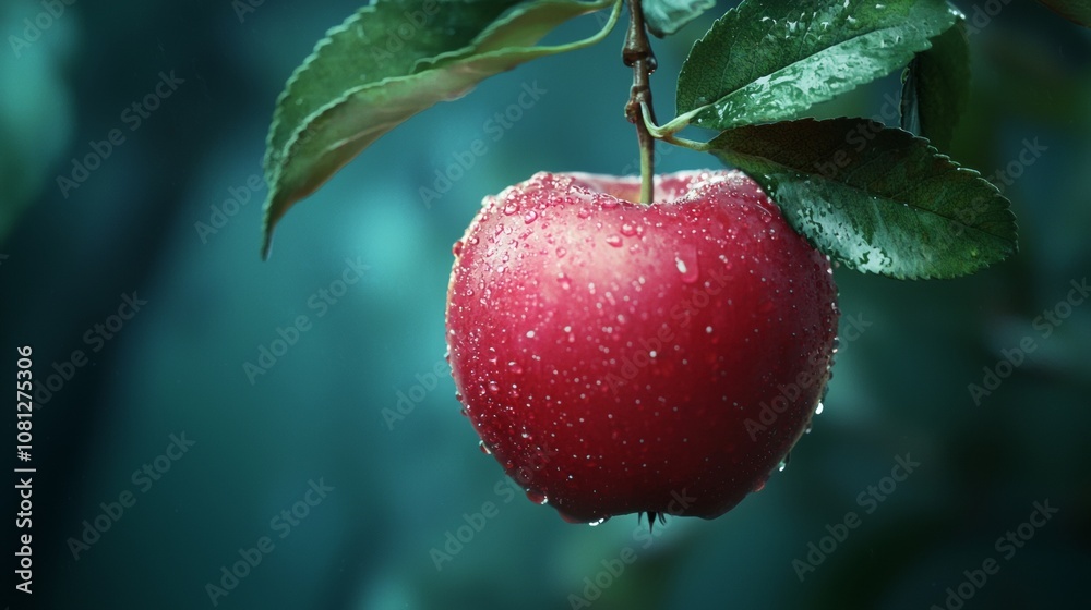 Obraz premium Red apple with water droplets hanging from a tree branch