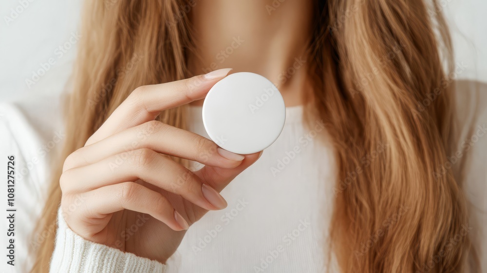 Woman with blank white button badge on light background, closeup Woman with blank white button badge on light background, closeup