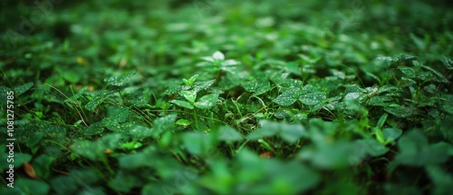 A field of vibrant green clovers adorned with fresh dew, symbolizing nature's abundance and renewal in an intricately detailed close-up.