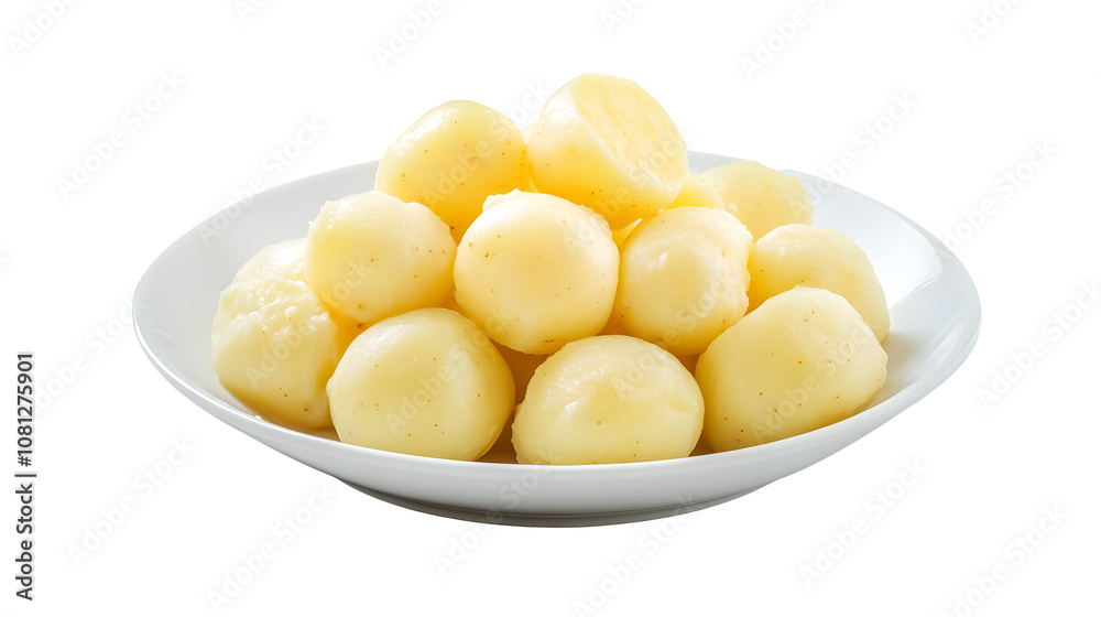 White plate of peeled boiled potatoes on a transparent background. isolated background. White plate of peeled boiled potatoes on a transparent background. isolated background.