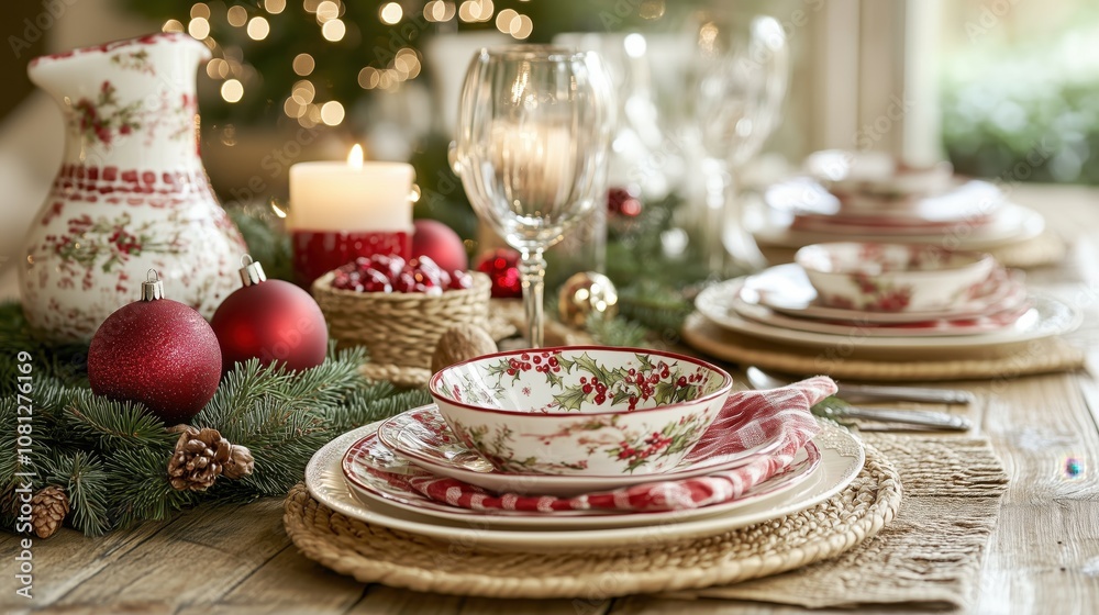 Festive Christmas table setting with red ornaments, candles, and holly-patterned dinnerware. Festive Christmas table setting with red ornaments, candles, and holly-patterned dinnerware.