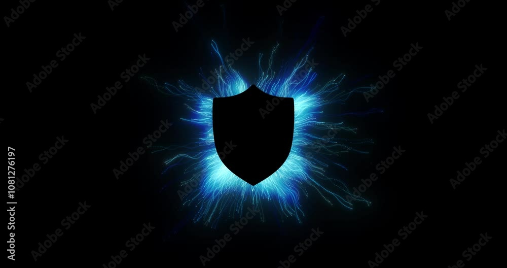 Zoom in on a resolute shield, its silhouette stark against a mesmerizing backdrop of blue energy lines, conveying a sense of security and resilience. loop.