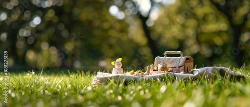 A whimsical toy picnic scene is set on lush grass, inviting imagination and play in a sun-dappled park. photo