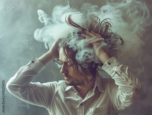 Retrato de Hombre Joven con Estrés en un Entorno Corporativo