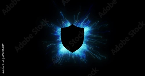 Zoom in on a resolute shield, its silhouette stark against a mesmerizing backdrop of blue energy lines, conveying a sense of security and resilience. loop.