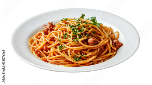 White plate with spaghetti and meat on a transparent background. isolated background.