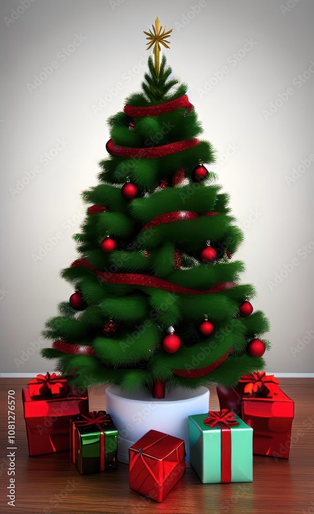 Festlicher Weihnachtsbaum in einem weißen Topf, geschmückt mit roten Kugeln und Bändern, umgeben von bunten Geschenken, auf einem Holzboden vor schlichtem Hintergrund. Generative KI. Festlicher Weihnachtsbaum in einem weißen Topf, geschmückt mit roten Kugeln und Bändern, umgeben von bunten Geschenken, auf einem Holzboden vor schlichtem Hintergrund. Generative KI.