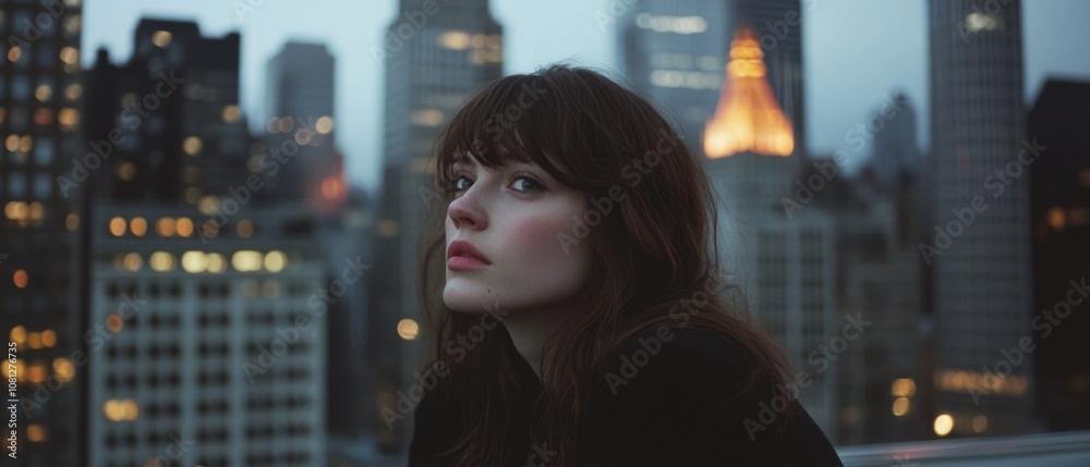 A contemplative figure gazes over a city skyline at dusk, merging urban solitude with the shimmering allure of city lights. A contemplative figure gazes over a city skyline at dusk, merging urban solitude with the shimmering allure of city lights.