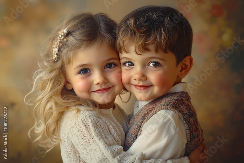 A boy and a girl hugging each other in front of a colorful background