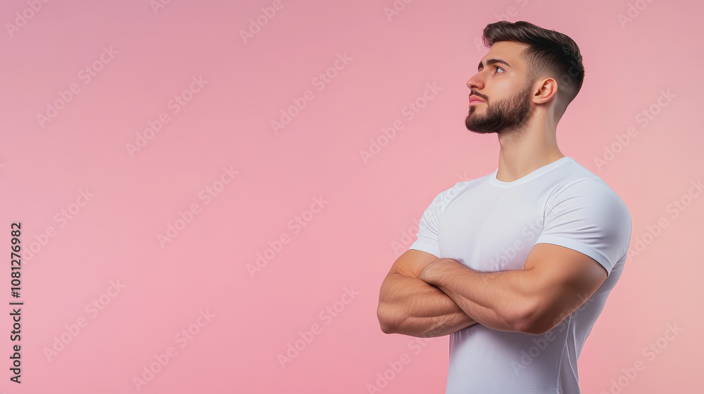 Confident Young Man in a Plain White T-Shirt Looking Upward Against a Soft Pink Background with a Thoughtful Expression and Strong Physique