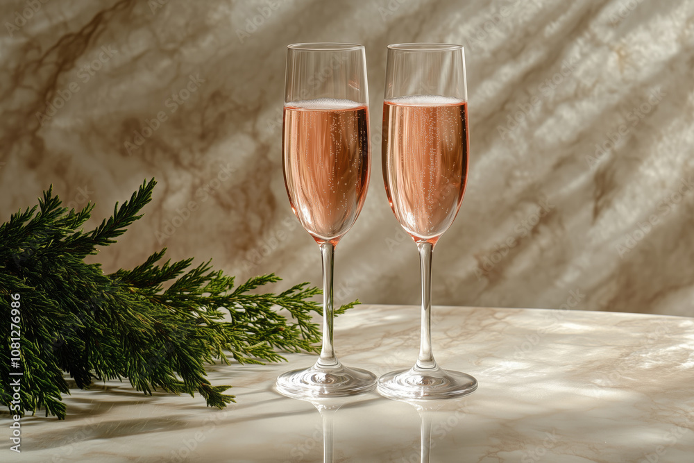 Glasses of sparkling wine on the table decorated with cypress branches Glasses of sparkling wine on the table decorated with cypress branches