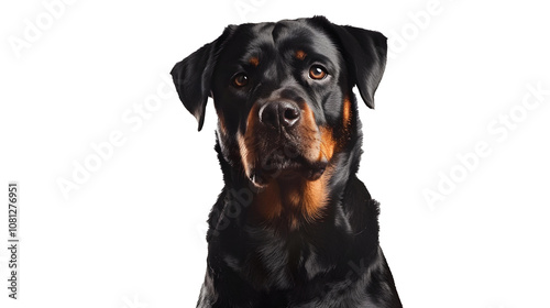 Portrait of a rottweiler dog sitting on a white background