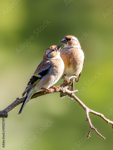 The Hawfinch (Coccothraustes coccothraustes) two males on the same old branch in the morning sun. Prepare for fighting.