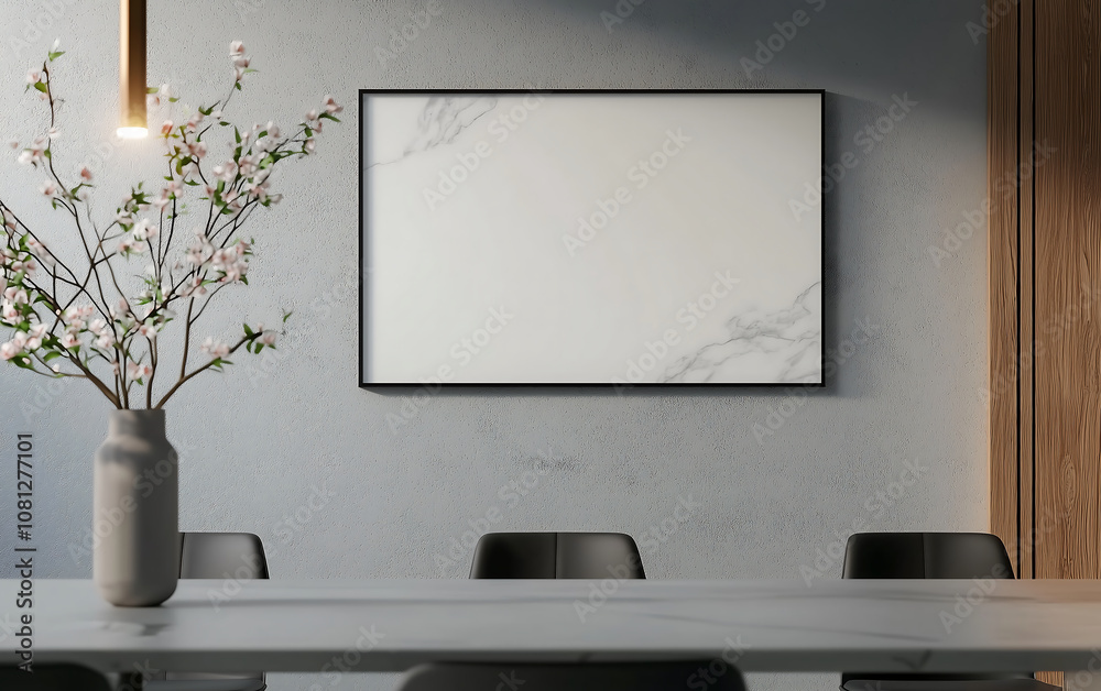 Minimalist dining area featuring framed mockup above sleek table, complemented by vase of flowers. serene atmosphere invites relaxation and elegance Minimalist dining area featuring framed mockup above sleek table, complemented by vase of flowers. serene atmosphere invites relaxation and elegance