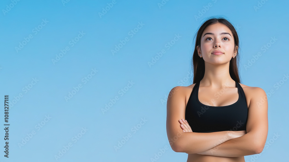 Confident young woman with crossed arms in a black sports bra looking up against a bright blue sky background, representing empowerment and self-assurance Confident young woman with crossed arms in a black sports bra looking up against a bright blue sky background, representing empowerment and self-assurance