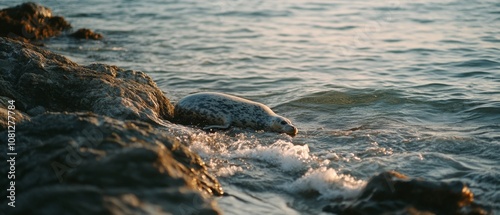 A curious seal edges its way over sunlit rocks into the shimmering ocean, embodying a sense of adventure. photo