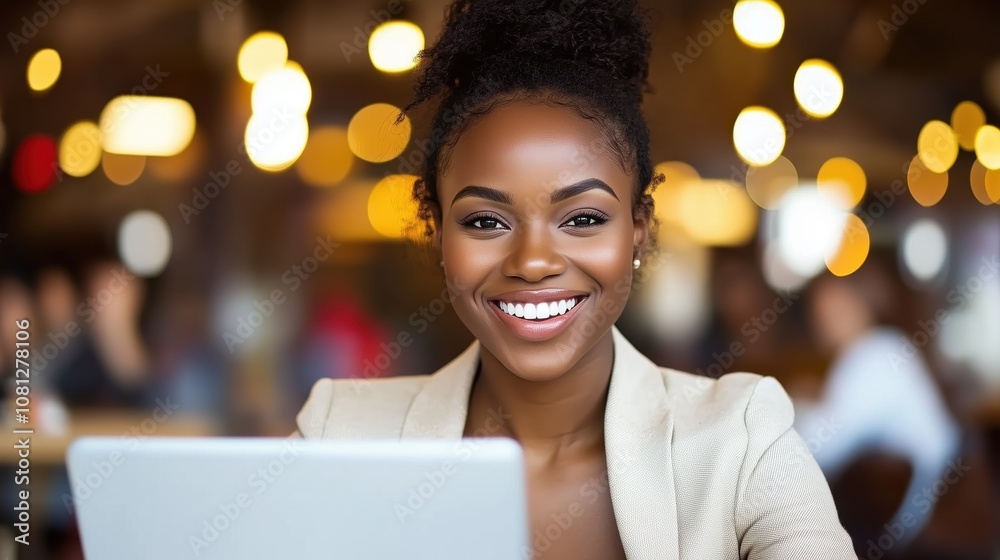 Confident young woman with a bright smile, working on her laptop in a cozy, warmly-lit cafe. Confident young woman with a bright smile, working on her laptop in a cozy, warmly-lit cafe.