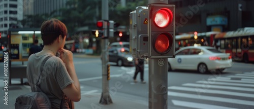 A bustling city intersection with a red traffic light and a lone pedestrian, capturing urban life in motion.