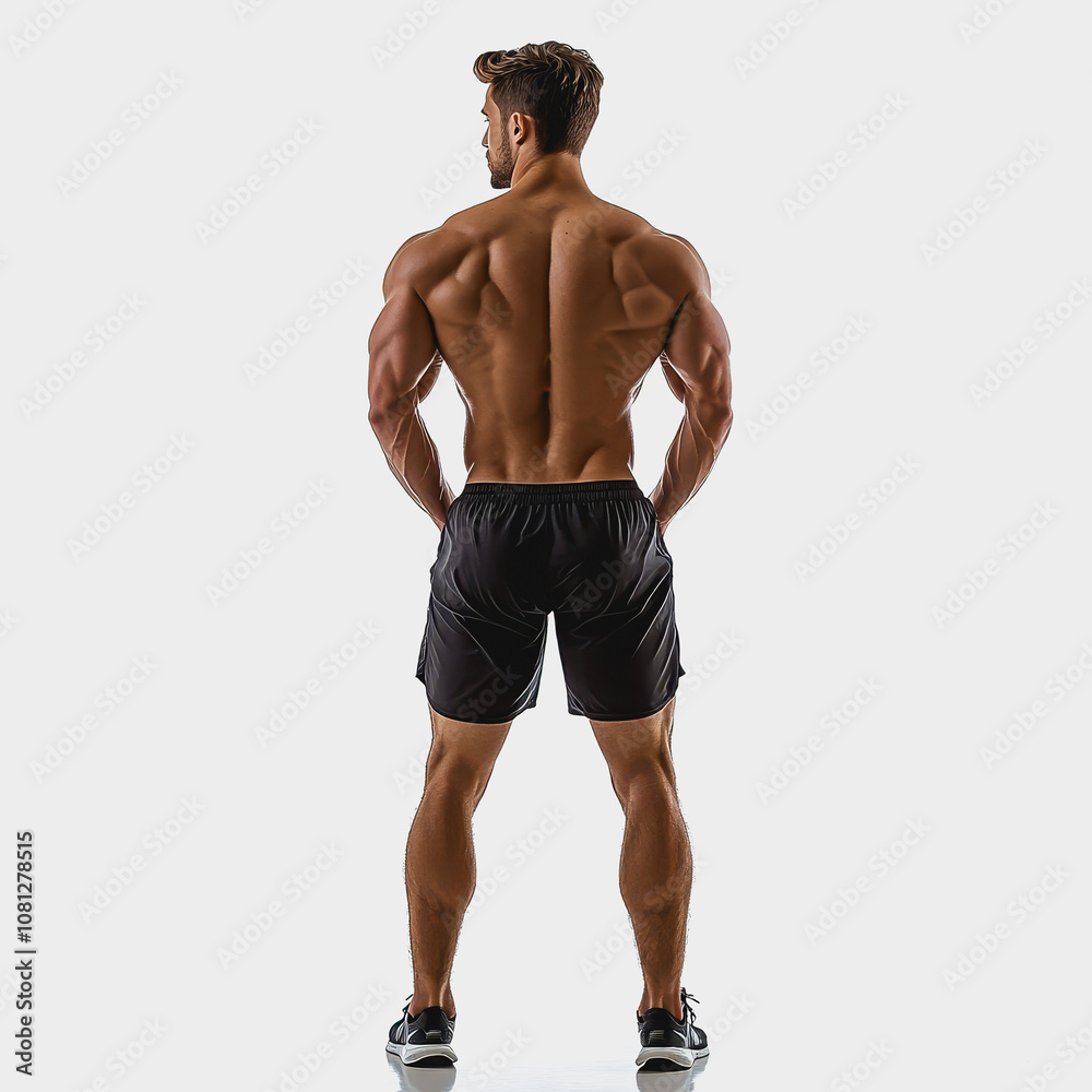 Athletic Man with Defined Muscles Posing From Behind, Showcasing Strength, Fitness and Physical Conditioning Against a Neutral Background Athletic Man with Defined Muscles Posing From Behind, Showcasing Strength, Fitness and Physical Conditioning Against a Neutral Background