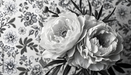 Vintage bouquet of peonies. Floristic decoration. Floral background. Black and white baroque old fashiones style image. Natural flowers pattern wallpaper or greeting card, silhouette photo