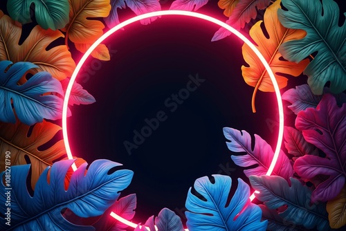 glowing neon circle with vibrant red and blue hues. The circle is surrounded by lush, tropical foliage,