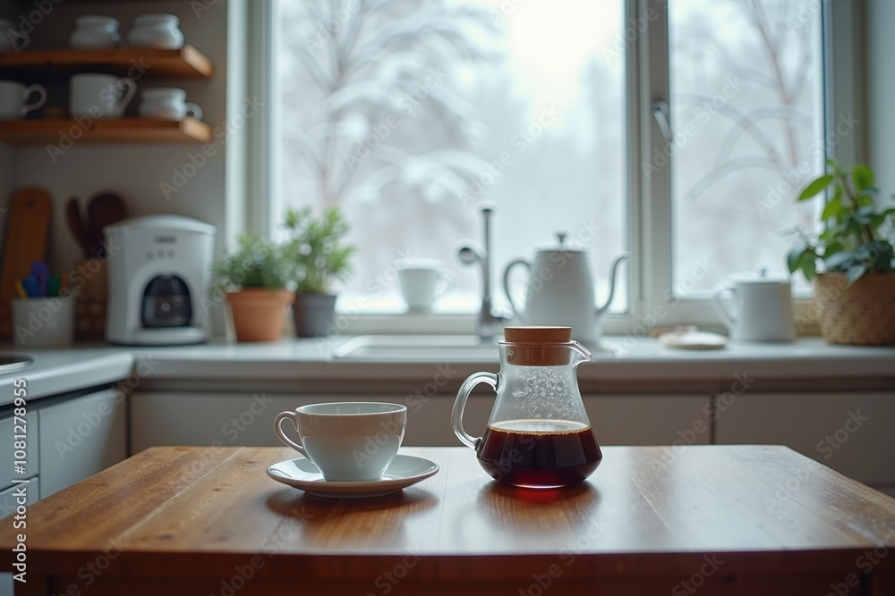 modern kitchen with wooden countertops. A clear glass teapot filled with tea modern kitchen with wooden countertops. A clear glass teapot filled with tea
