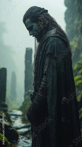 A brave Celtic warrior with intricate face paint and tattoo, and a sword, standing in a misty, ancient forest.