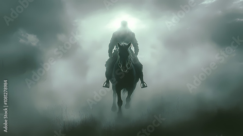 A glowing phantom horseman riding through an eerie, fog-shrouded battlefield. Phantasm. Illustration