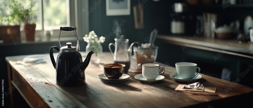 A cozy kitchen setting with a steaming teapot and two cups on a wooden table, bathed in soft morning light from a nearby window. A cozy kitchen setting with a steaming teapot and two cups on a wooden table, bathed in soft morning light from a nearby window.